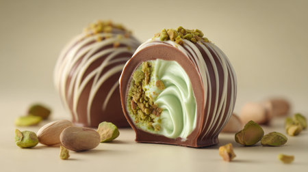 This stunning image features a chocolate sphere filled with creamy filling and crushed pistachios, creating a perfect dessert treat.の素材