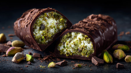 A sumptuous chocolate treat featuring a creamy pistachio filling, garnished with chopped nuts and dark chocolate flakes, perfect for indulgent moments.の素材