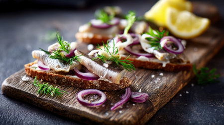 A visually appealing scene featuring slices of herring on toasted bread, garnished with onion, dill, and lemon. Perfect for gourmet meals.の素材