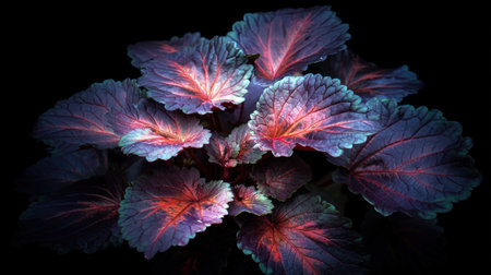 Explore the striking beauty of multicolored leaves featuring intricate patterns and vibrant hues, captured against a dark backdrop.の素材
