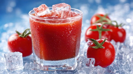 Enjoy a refreshing glass of tomato juice filled with ice cubes, surrounded by bright red tomatoes, perfect for a healthy and tasty drink.の素材