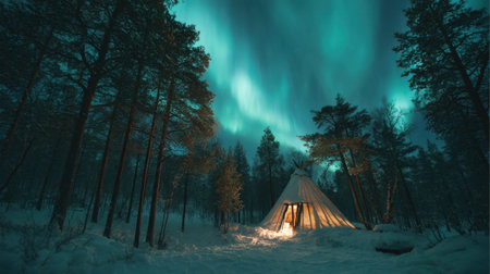 A stunning display of northern lights illuminates the night sky above a cozy tipi nestled in a snowy forest, creating a tranquil atmosphere.の素材