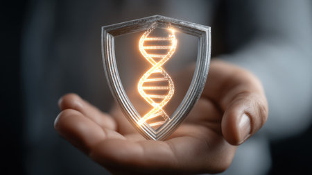 A hand presents a shield featuring a glowing DNA helix, representing themes of protection, innovation, and advancement in genetic science and technology.の素材