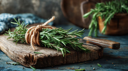 A beautiful display of freshly harvested rosemary tied with twine on a rustic wooden cutting board, ideal for culinary inspiration and decoration.の素材