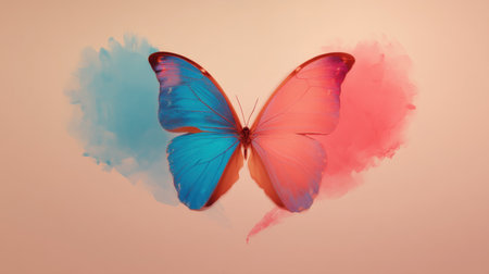 This stunning butterfly showcases vibrant blue and pink wings, surrounded by a colorful paint splash against a soft backdrop, symbolizing beauty and transformation.の素材