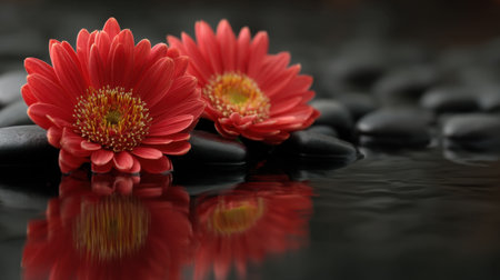 This stunning image features vibrant red flowers sitting elegantly on smooth black pebbles, reflecting beautifully in a calm water surface. It captures a serene and tranquil atmosphere, perfect for evoking feelings of peace and relaxation.の素材