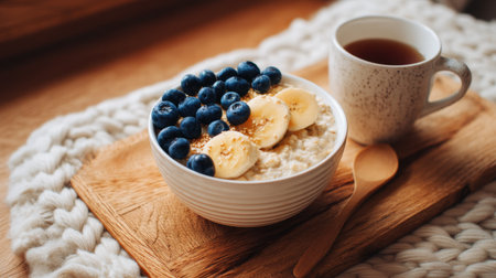 A delightful bowl of oatmeal topped with fresh blueberries and banana slices, served with tea on a rustic wooden tray, ideal for a healthy breakfast.の素材