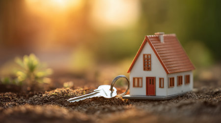 A miniature house rests on the ground next to a key, illuminated by a warm sunset, symbolizing the journey of home ownership and real estate aspirations.の素材