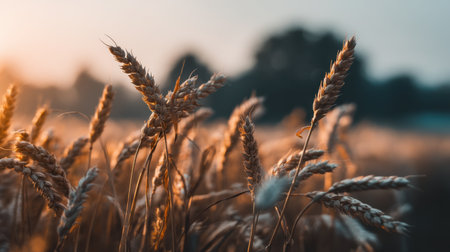 A stunning image of a golden wheat field captured at sunset, showcasing the beauty of nature in warm tones and soft light. Perfect for agricultural themes.の素材