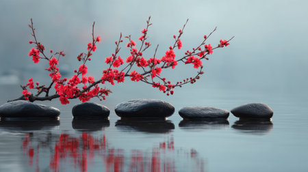 This peaceful image captures a cherry blossom branch gracefully arching over still water, complemented by smooth stones. The tranquil scene evokes harmony and serenity in a beautiful natural setting, perfect for calming atmospheres.の素材