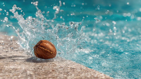 A close-up shot of a single nut creating a splash in crystal-clear water, highlighting the interplay of texture and movement while evoking feelings of refreshment and relaxation.の素材