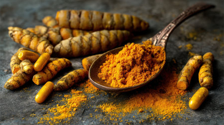 A visually appealing arrangement of organic turmeric root, powder, and capsules on a rustic background, highlighting its uses in health and cooking.の素材