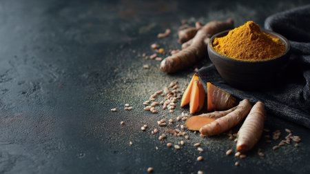Explore the rich essence of turmeric with fresh roots and vibrant powder against a dark background, ideal for culinary delights and health-oriented recipes.の素材