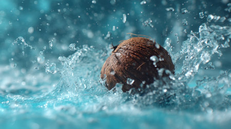 A stunning image of a coconut shell creating splashes in blue water, capturing the essence of summer and freshness. The vibrant liquid environment enhances the tropical feel, making it perfect for projects focused on nature, health, and relaxation.の素材