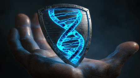 A detailed illustration of a vibrant blue DNA helix encased in a shield, held in a human hand, symbolizing protection in genetic science.の素材