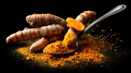 Fresh turmeric roots alongside powdered turmeric and black pepper arranged artistically on a dark backdrop, highlighting their vibrant colors and textures.の素材