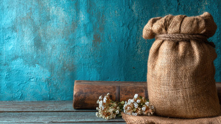 A charming rustic burlap sack sits beside dried flowers and an antique book, all against a textured blue background, evoking a cozy, natural ambiance.の素材