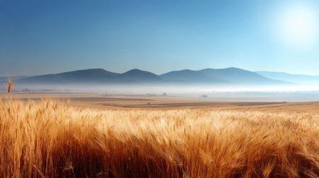 A serene golden wheat field stretches across the landscape, framed by distant misty mountains under a clear blue sky, capturing nature's tranquility.の素材
