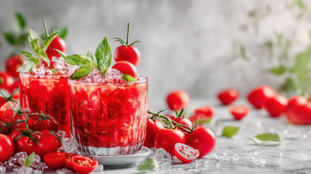 Two glass cups filled with refreshing red tomato juice on ice, garnished with fresh basil and surrounded by ripe tomatoes, create a vibrant summer vibe.の素材