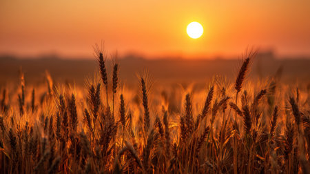A breathtaking view of a golden wheat field at sunset, with the sun casting warm light over the crops. A serene rural landscape invites tranquility and connection to nature.の素材