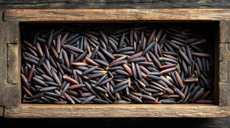 This image showcases a rustic wooden box filled with raw black rice grains, emphasizing their rich texture and natural beauty in warm lighting.の素材