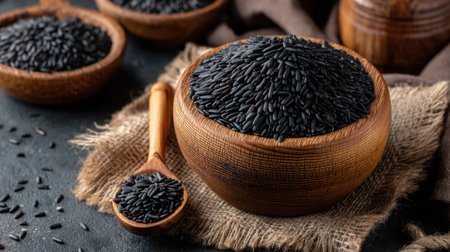 Close-up of black rice grains displayed in a wooden bowl and spoon against a rustic backdrop, highlighting healthy culinary options and textures.の素材