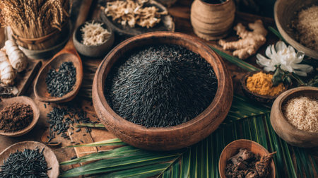 A vibrant arrangement of black rice and assorted spices in rustic bowls offers a glimpse into a natural, culinary world rich in textures and colors.の素材