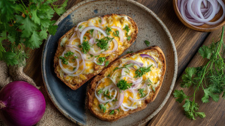 Indulge in this mouthwatering baked bread topped with melted cheese, fresh onions, and vibrant herbs, perfect for a gourmet snack.の素材