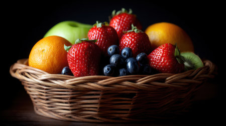 A beautiful arrangement of fresh fruits in a woven basket showcasing strawberries, blueberries, apples, oranges, and kiwi. The colorful display on a dark background emphasizes the vibrant and healthy aspects of natural produce, perfect for promoting healthy eating and culinary creativity.の素材