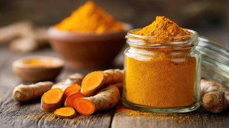 This image showcases vibrant turmeric powder in a glass jar alongside fresh turmeric root and a wooden bowl. Perfect for culinary and wellness themes.の素材