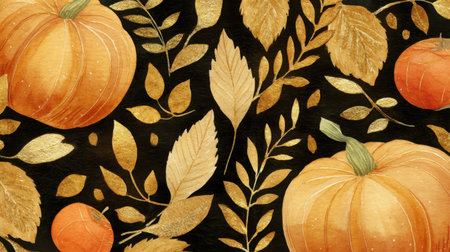 Beautiful autumn-themed illustration featuring pumpkins and leaves in vibrant warm colors against a dark background. Ideal for seasonal crafts.の素材