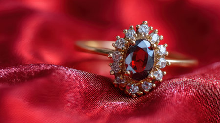 This stunning ruby ring features a central gemstone surrounded by sparkling diamonds, set against soft red satin. Perfect for conveying elegance and luxury.の素材