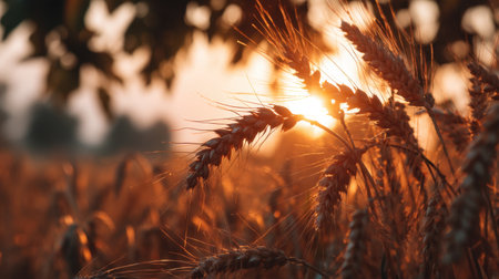 Captivating image of golden wheat swaying gently in the breeze, illuminated by warm sunlight as the sun dips below the horizon.の素材