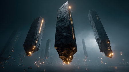 A captivating digital artwork features floating monoliths surrounded by a mystical dark atmosphere. Glowing elements create a surreal ambiance, inviting exploration of an otherworldly environment.の素材