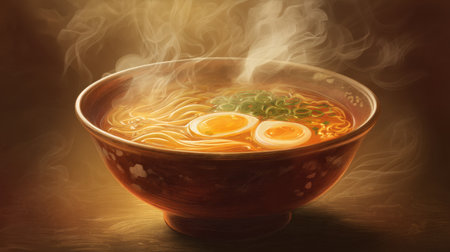 Enjoy the delightful aroma of a steaming bowl of ramen, topped with soft-boiled eggs and vibrant green onions, perfect for comforting meals.の素材