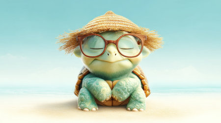 This charming cartoon turtle, donning a straw hat and glasses, exudes tranquility on a picturesque beach, showcasing summer joy and relaxation.の素材