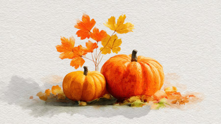 This artwork features two vibrant pumpkins surrounded by colorful maple leaves, creating a warm autumn atmosphere ideal for seasonal dの素材