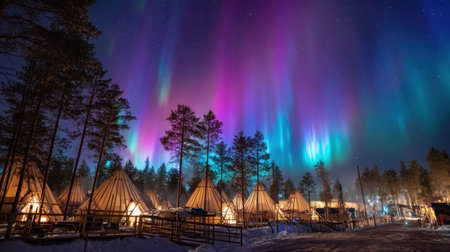 Experience the stunning display of the aurora borealis illuminating a winter landscape filled with cozy cabins and majestic pine trees.の素材