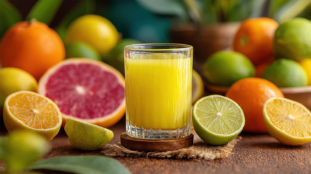 A vibrant glass of fresh tropical citrus juice displayed in front of an array of colorful fruit slices, evoking a refreshing summer vibe.の素材