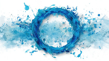 This stunning abstract watercolor artwork features a striking blue circular design encompassed by dynamic splash effects, perfect for creative projects.の素材