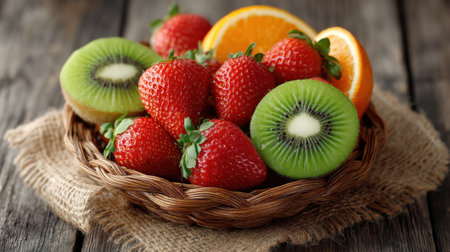 A beautiful arrangement of fresh strawberries, kiwi slices, and orange halves in a woven basket on a rustic wooden table. Perfect for showcasing healthy eating.の素材