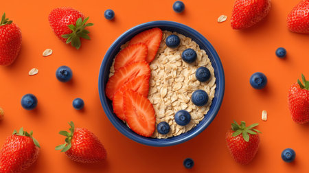 A vibrant bowl of oatmeal topped with fresh strawberries and blueberries, set against a striking orange background, perfect for healthy breakfast options.の素材