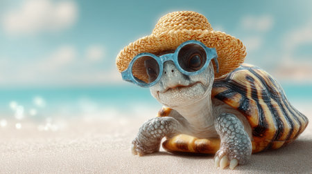 An adorable turtle dons glasses and a straw hat while lounging on a sandy beach, capturing the essence of summer fun and relaxation.の素材