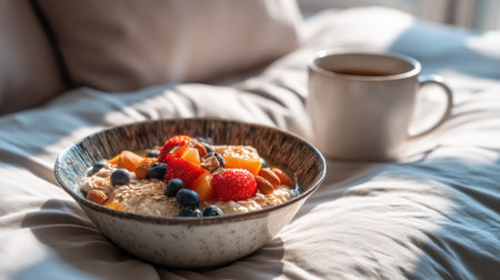 Start your day with a refreshing breakfast featuring a colorful bowl of fruits and berries beside a warm cup of coffee, highlighting comfort and serenity.の素材