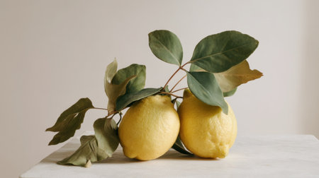 Fresh lemons adorned with green leaves create a vibrant composition against a light background. Ideal for food photography, this arrangement highlights natural beauty and freshness. Perfect for wellness, organic cooking, and seasonal themes.の素材