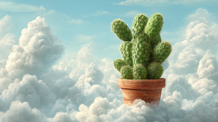 A whimsical cactus plant in a terracotta pot rises majestically above soft, fluffy clouds against a bright blue sky, illustrating a surreal nature scene.の素材