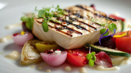 A beautifully plated grilled fish fillet rests atop a vibrant assortment of fresh vegetables, adorned with delicate garnishes. Ideal for food photography or culinary presentations.の素材
