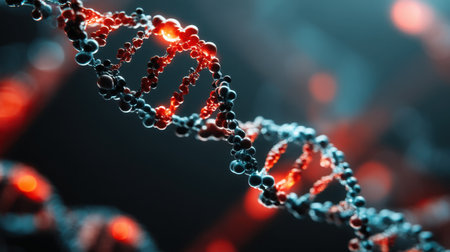This captivating image showcases a close-up view of a DNA helix, illustrating intricate molecular structures illuminated by vivid red and blue lighting.の素材