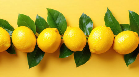 A beautiful arrangement of fresh yellow lemons on green leaves set against a bright yellow background, perfect for culinary and lifestyle themes.の素材