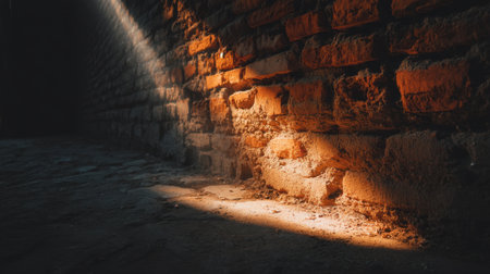 A serene moment capturing sunlight streaming through a dark alleyway, illuminating a textured brick wall and cobblestone floor, creating a tranquil atmosphere.の素材